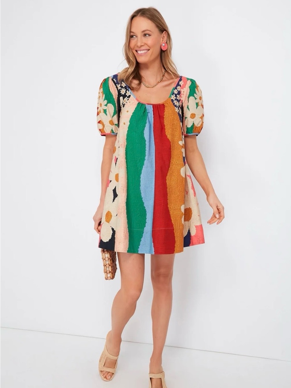 FARM Rio Sunrise Stripe Floral Puff-Sleeve Mini Dress - 100% Cotton